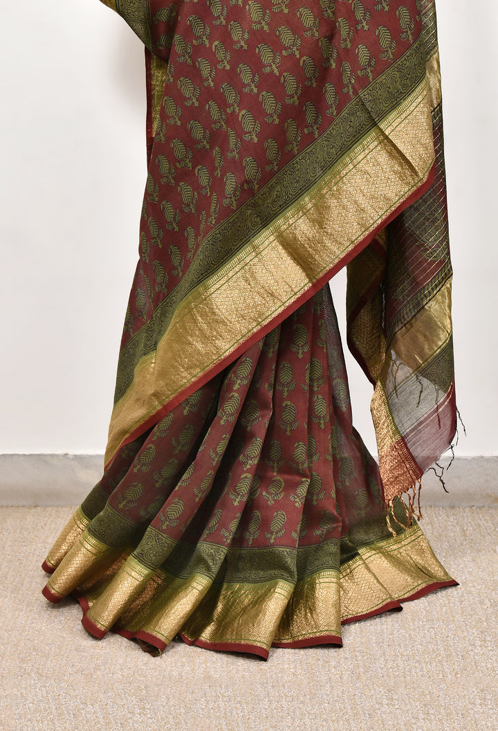 YOSHMA : BAGH HANDBLOCK HANDWOVEN MAHESHWARI COTTON SILK SAREE WITH GOLD ZARI BORDER
