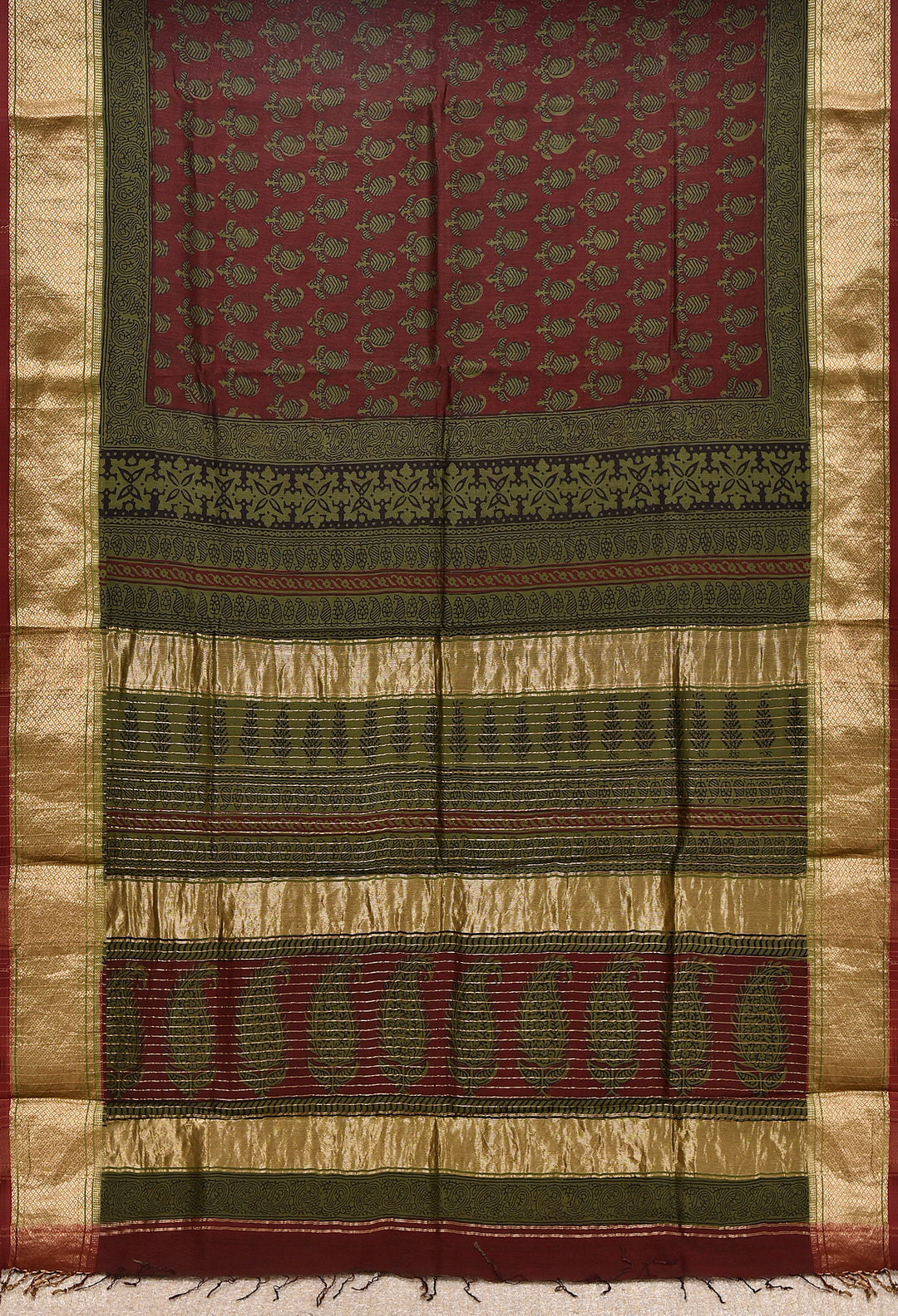 YOSHMA : BAGH HANDBLOCK HANDWOVEN MAHESHWARI COTTON SILK SAREE WITH GOLD ZARI BORDER