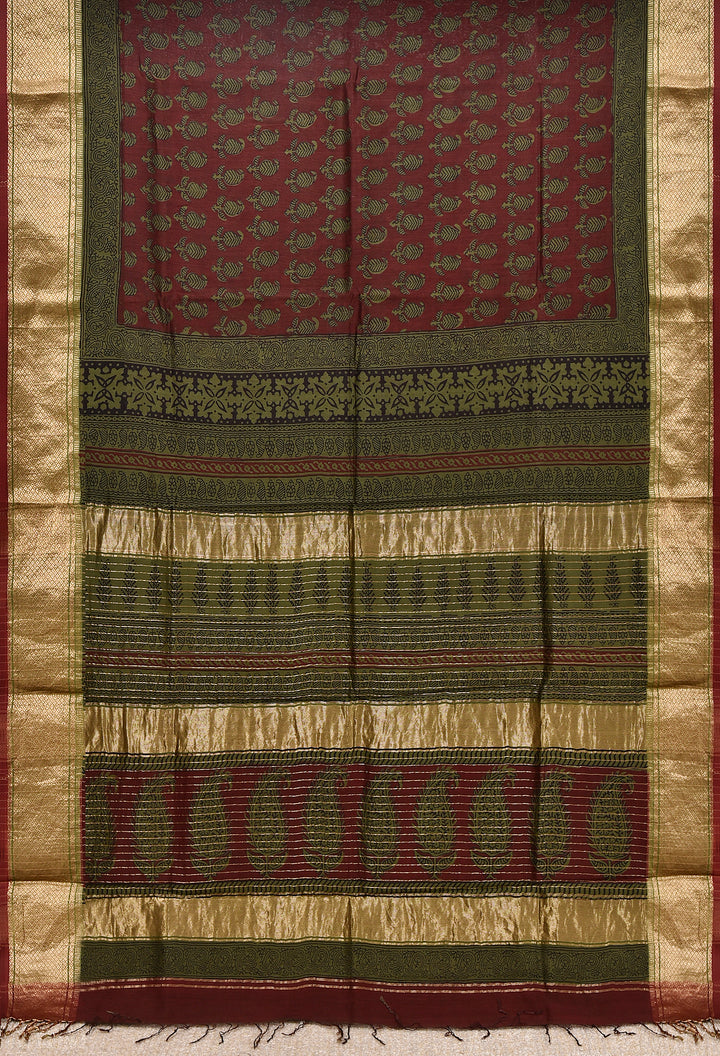 YOSHMA : BAGH HANDBLOCK HANDWOVEN MAHESHWARI COTTON SILK SAREE WITH GOLD ZARI BORDER