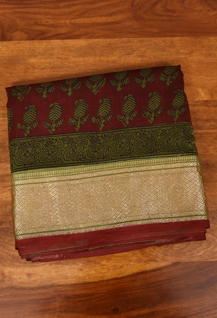 YOSHMA : BAGH HANDBLOCK HANDWOVEN MAHESHWARI COTTON SILK SAREE WITH GOLD ZARI BORDER
