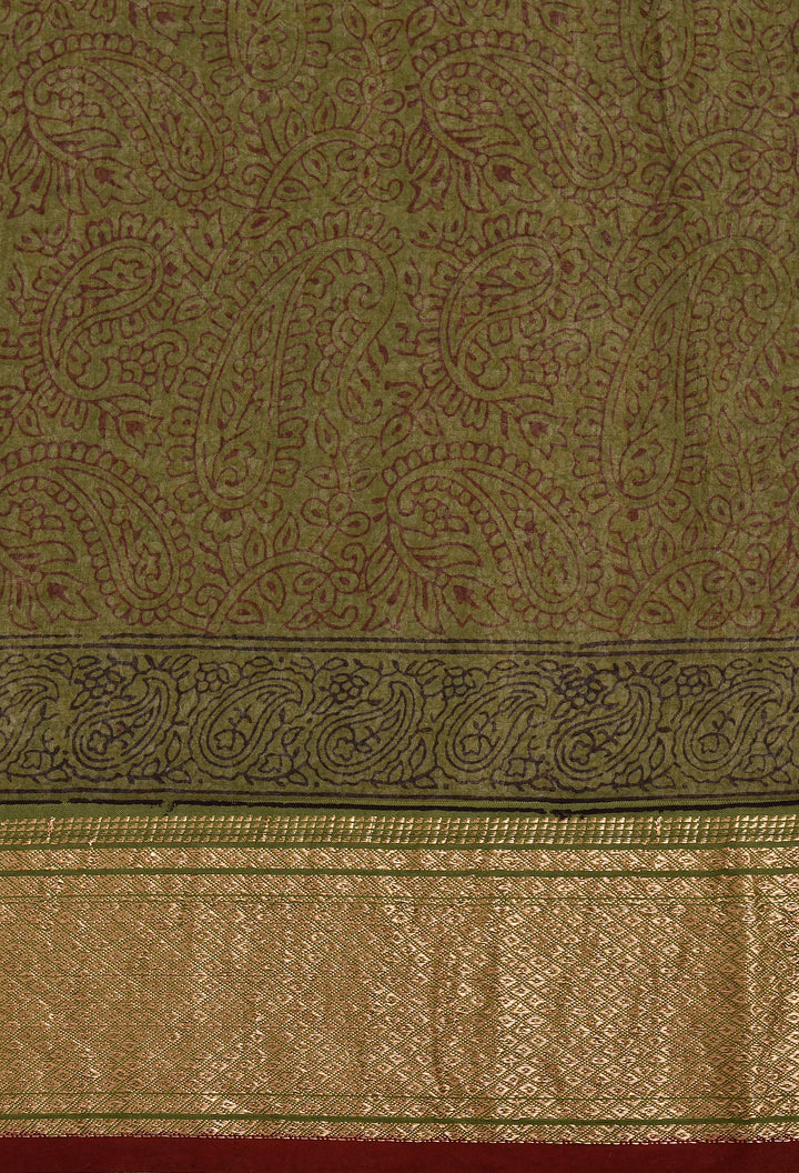 YOSHMA : BAGH HANDBLOCK HANDWOVEN MAHESHWARI COTTON SILK SAREE WITH GOLD ZARI BORDER