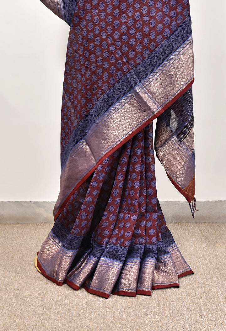 NISHIL : BAGH HANDBLOCK HANDWOVEN MAHESHWARI COTTON SILK SAREE WITH GOLD ZARI BORDER