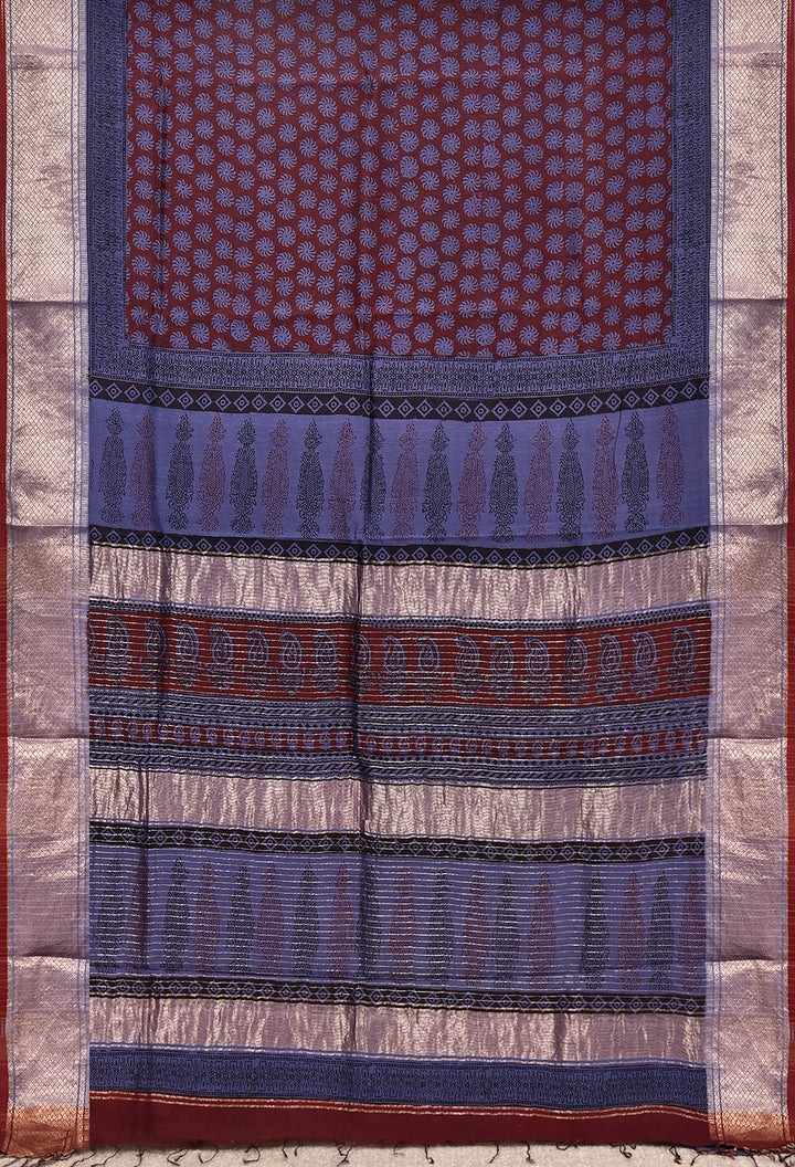NISHIL : BAGH HANDBLOCK HANDWOVEN MAHESHWARI COTTON SILK SAREE WITH GOLD ZARI BORDER