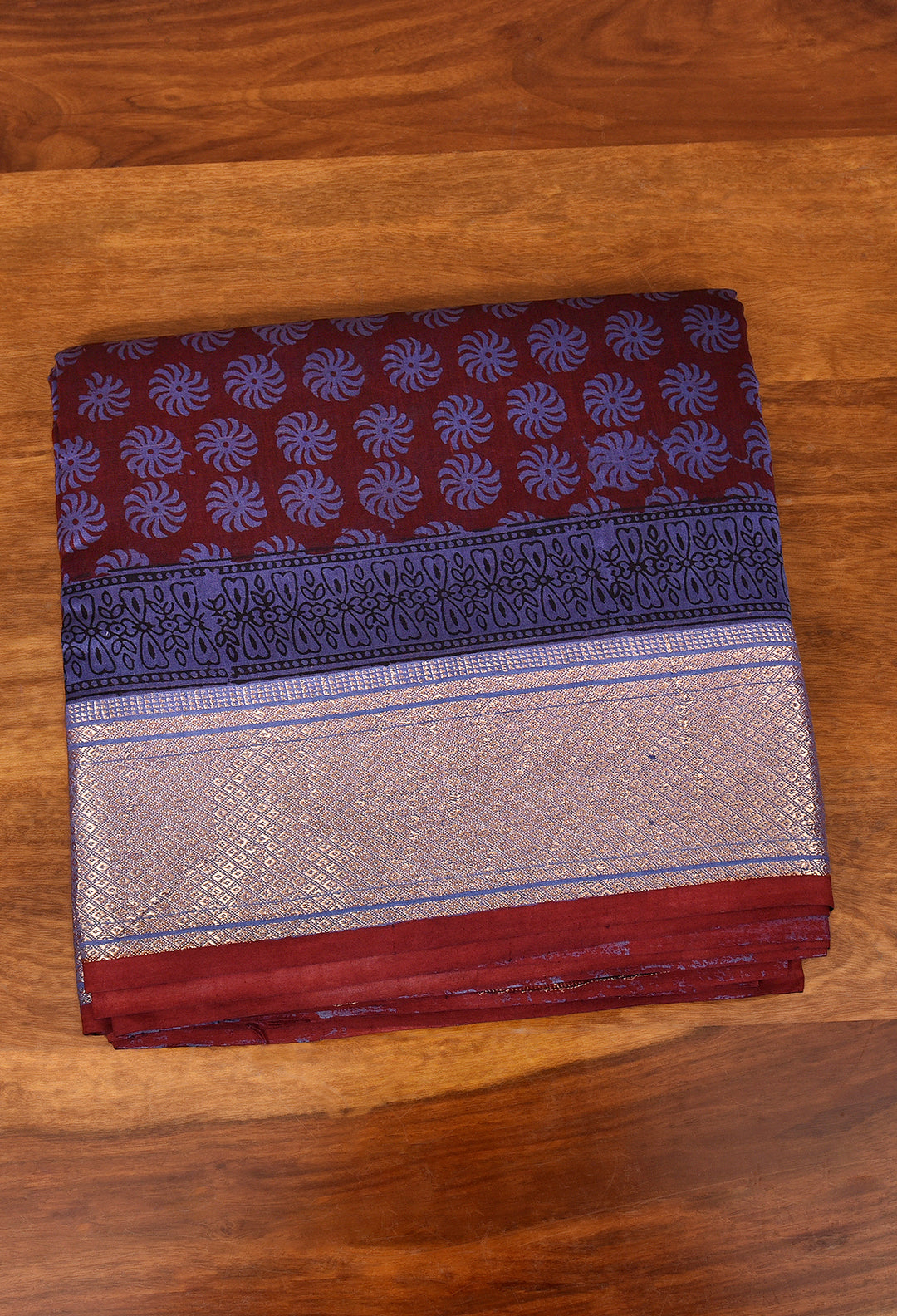 NISHIL : BAGH HANDBLOCK HANDWOVEN MAHESHWARI COTTON SILK SAREE WITH GOLD ZARI BORDER