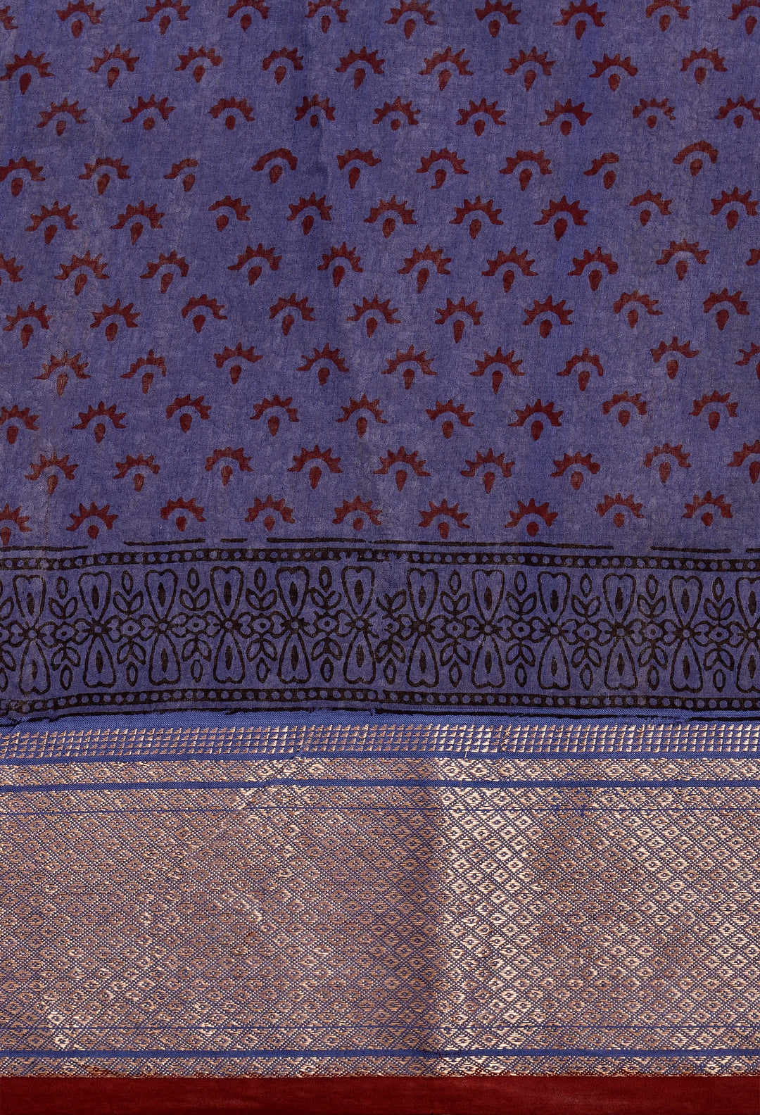 NISHIL : BAGH HANDBLOCK HANDWOVEN MAHESHWARI COTTON SILK SAREE WITH GOLD ZARI BORDER