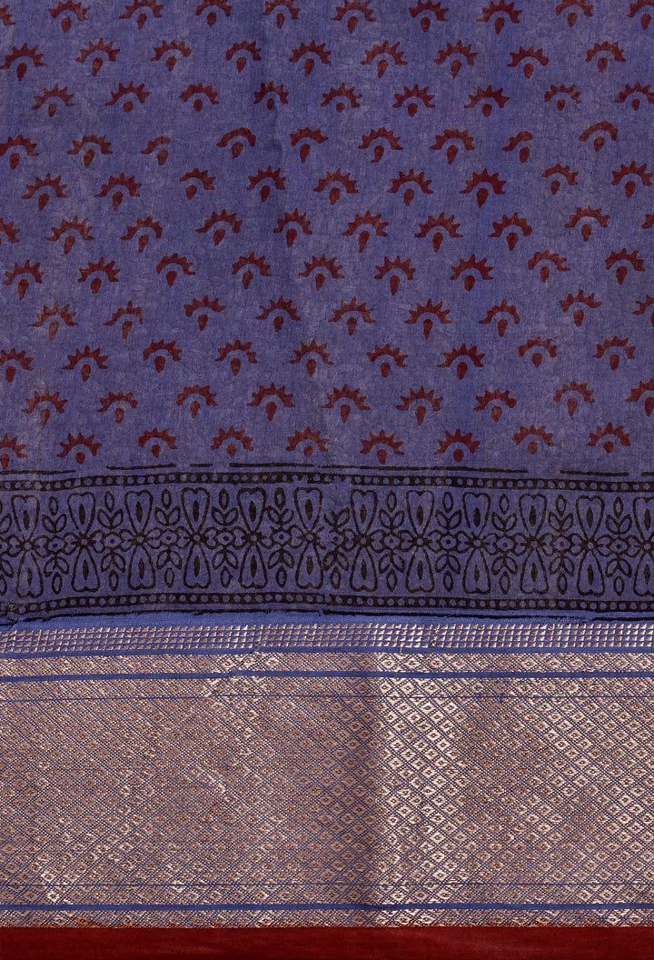 NISHIL : BAGH HANDBLOCK HANDWOVEN MAHESHWARI COTTON SILK SAREE WITH GOLD ZARI BORDER