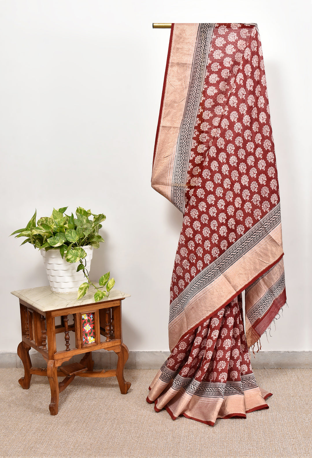 KISHMIK : BAGH HANDBLOCK HANDWOVEN MAHESHWARI COTTON SILK SAREE WITH GOLD ZARI BORDER