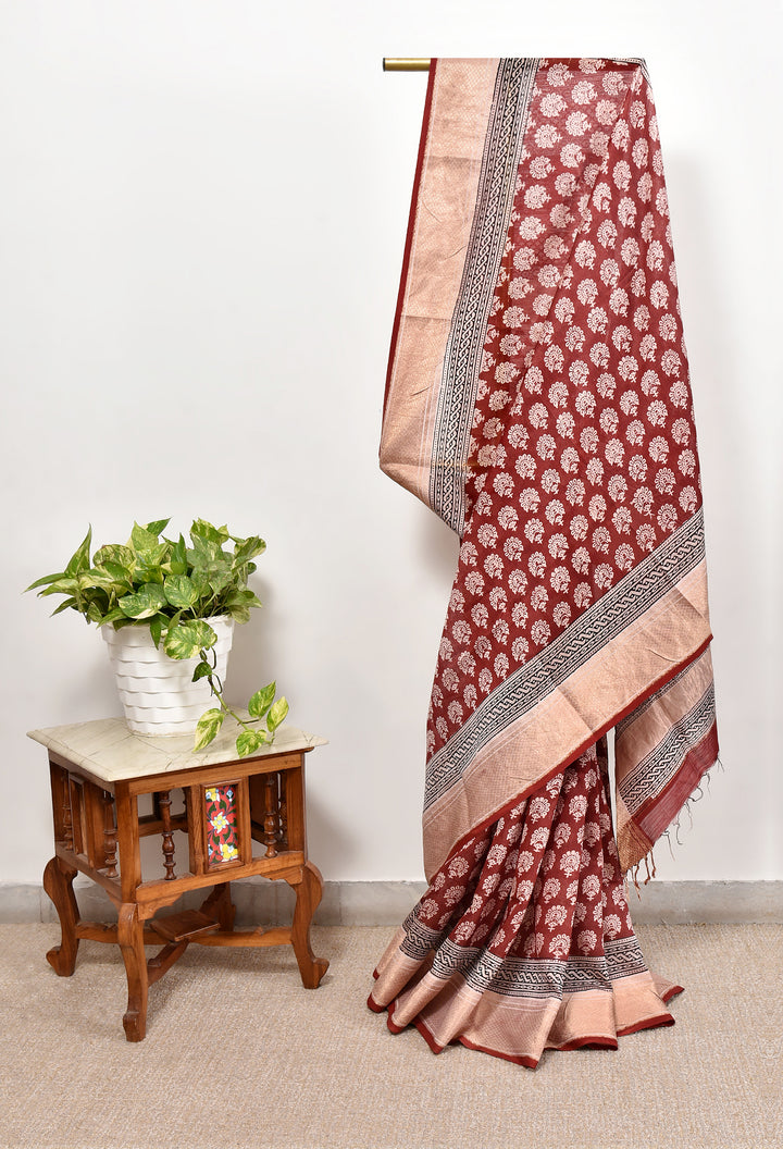 KISHMIK : BAGH HANDBLOCK HANDWOVEN MAHESHWARI COTTON SILK SAREE WITH GOLD ZARI BORDER