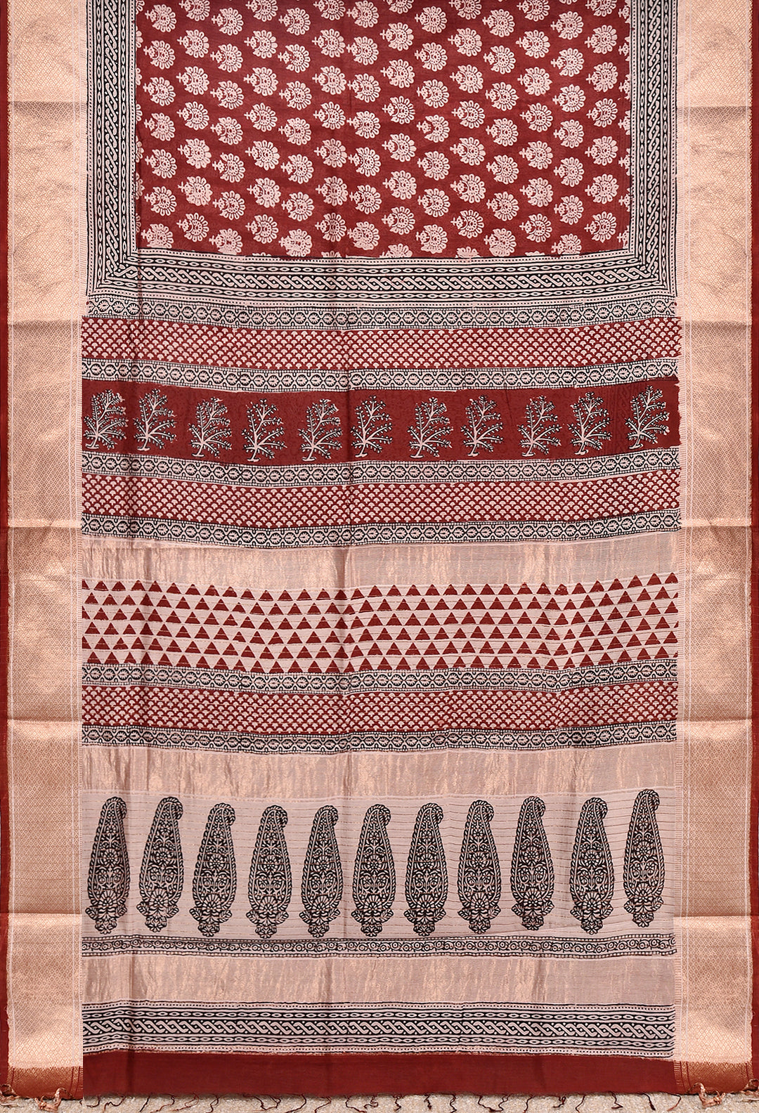 KISHMIK : BAGH HANDBLOCK HANDWOVEN MAHESHWARI COTTON SILK SAREE WITH GOLD ZARI BORDER