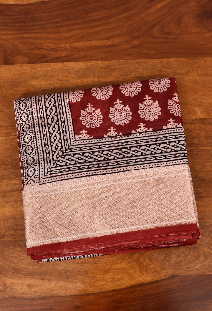KISHMIK : BAGH HANDBLOCK HANDWOVEN MAHESHWARI COTTON SILK SAREE WITH GOLD ZARI BORDER
