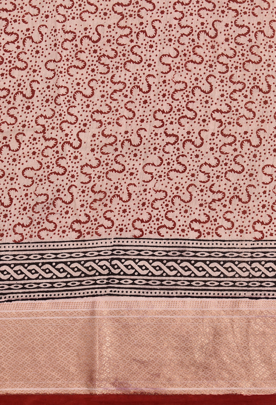 KISHMIK : BAGH HANDBLOCK HANDWOVEN MAHESHWARI COTTON SILK SAREE WITH GOLD ZARI BORDER