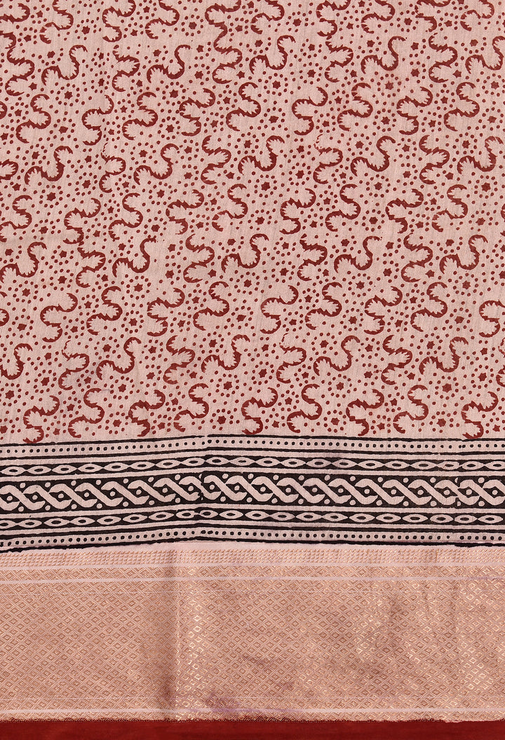 KISHMIK : BAGH HANDBLOCK HANDWOVEN MAHESHWARI COTTON SILK SAREE WITH GOLD ZARI BORDER