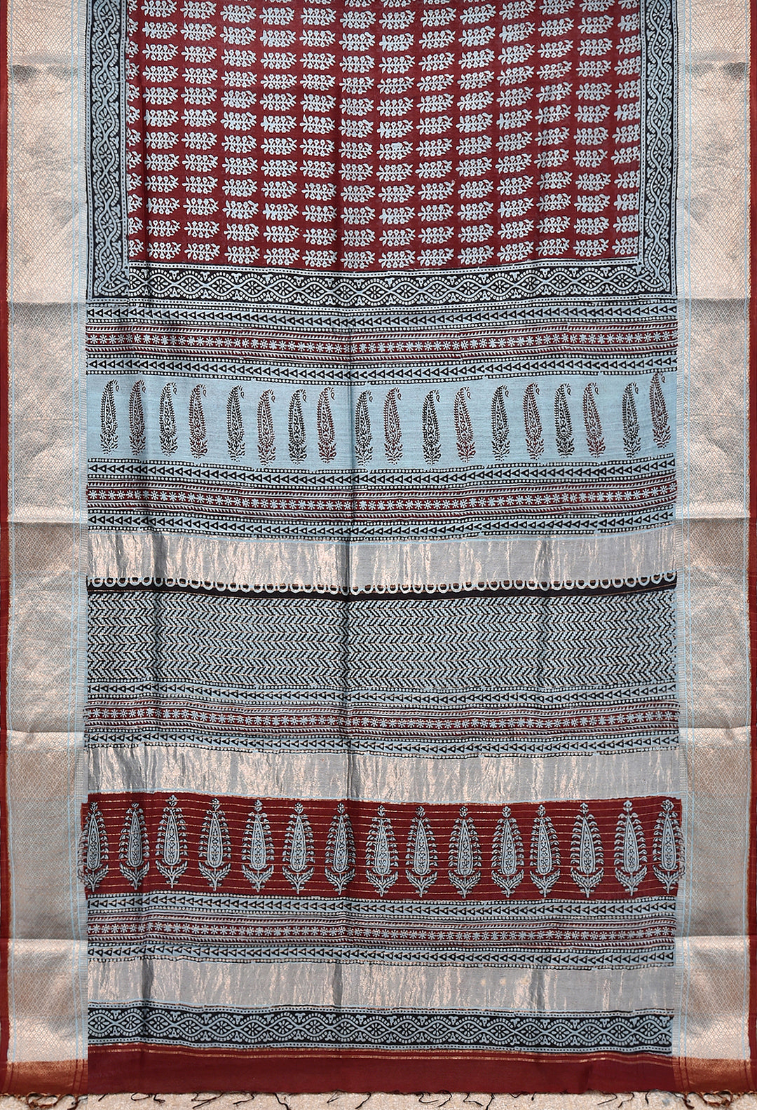 GEHANI : BAGH HANDBLOCK HANDWOVEN MAHESHWARI COTTON SILK SAREE WITH GOLD ZARI BORDER