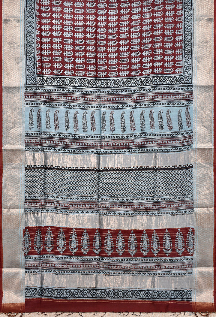 GEHANI : BAGH HANDBLOCK HANDWOVEN MAHESHWARI COTTON SILK SAREE WITH GOLD ZARI BORDER