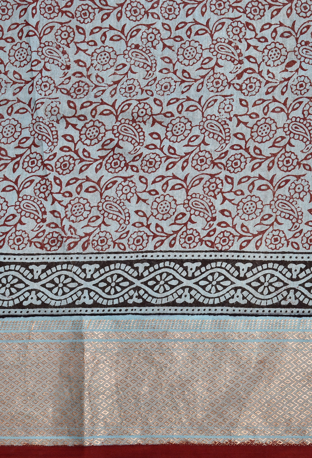 GEHANI : BAGH HANDBLOCK HANDWOVEN MAHESHWARI COTTON SILK SAREE WITH GOLD ZARI BORDER