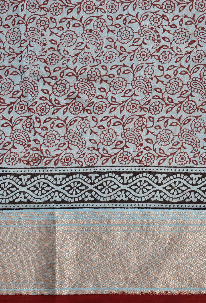 GEHANI : BAGH HANDBLOCK HANDWOVEN MAHESHWARI COTTON SILK SAREE WITH GOLD ZARI BORDER