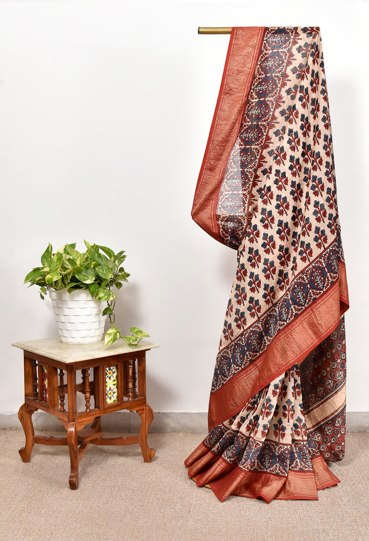 JAIMALI : AJRAKH HANDBLOCK HANDWOVEN MAHESHWARI COTTON SILK SAREE WITH GOLD ZARI BORDER