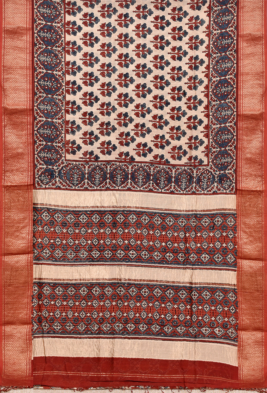 JAIMALI : AJRAKH HANDBLOCK HANDWOVEN MAHESHWARI COTTON SILK SAREE WITH GOLD ZARI BORDER