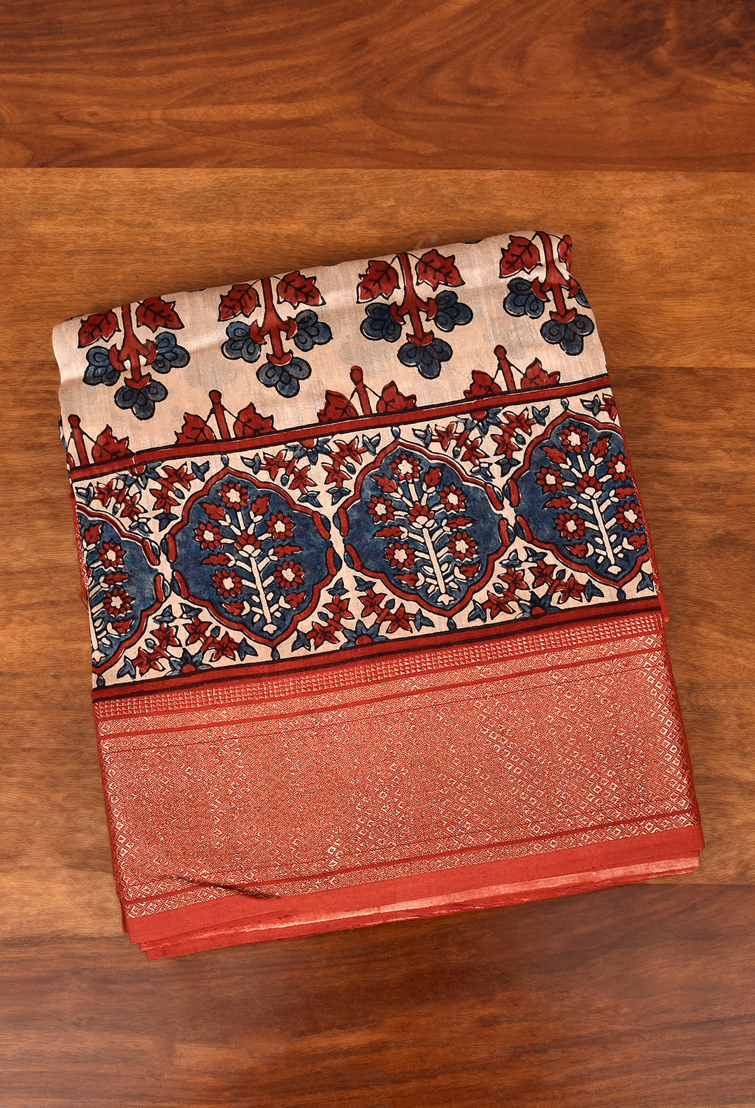 JAIMALI : AJRAKH HANDBLOCK HANDWOVEN MAHESHWARI COTTON SILK SAREE WITH GOLD ZARI BORDER