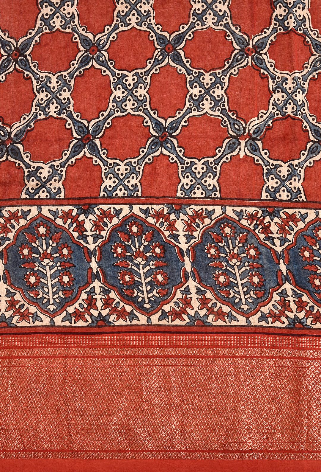 JAIMALI : AJRAKH HANDBLOCK HANDWOVEN MAHESHWARI COTTON SILK SAREE WITH GOLD ZARI BORDER