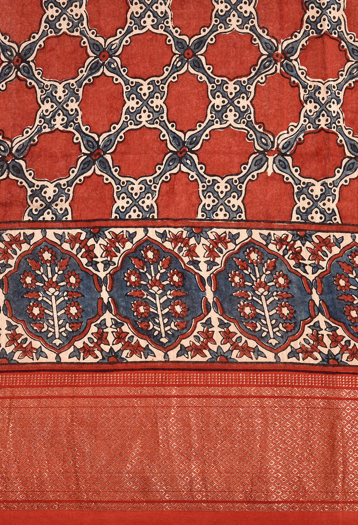 JAIMALI : AJRAKH HANDBLOCK HANDWOVEN MAHESHWARI COTTON SILK SAREE WITH GOLD ZARI BORDER
