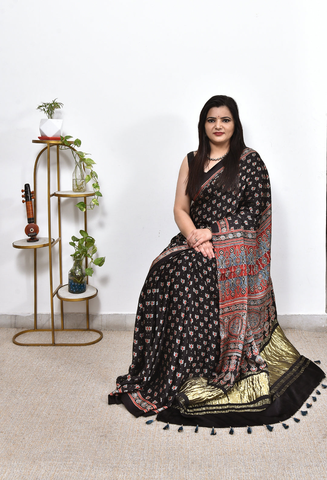 KIYANA : AJRAKH HANDBLOCK MODAL SILK SAREE WITH TISSUE PALLU