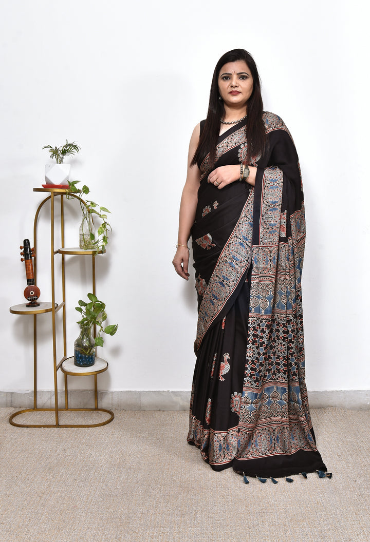 SOMYA : AJRAKH HANDBLOCK MODAL SILK SAREE