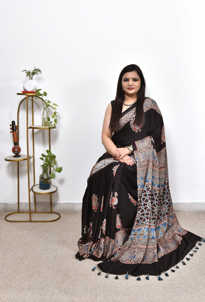 SOMYA : AJRAKH HANDBLOCK MODAL SILK SAREE
