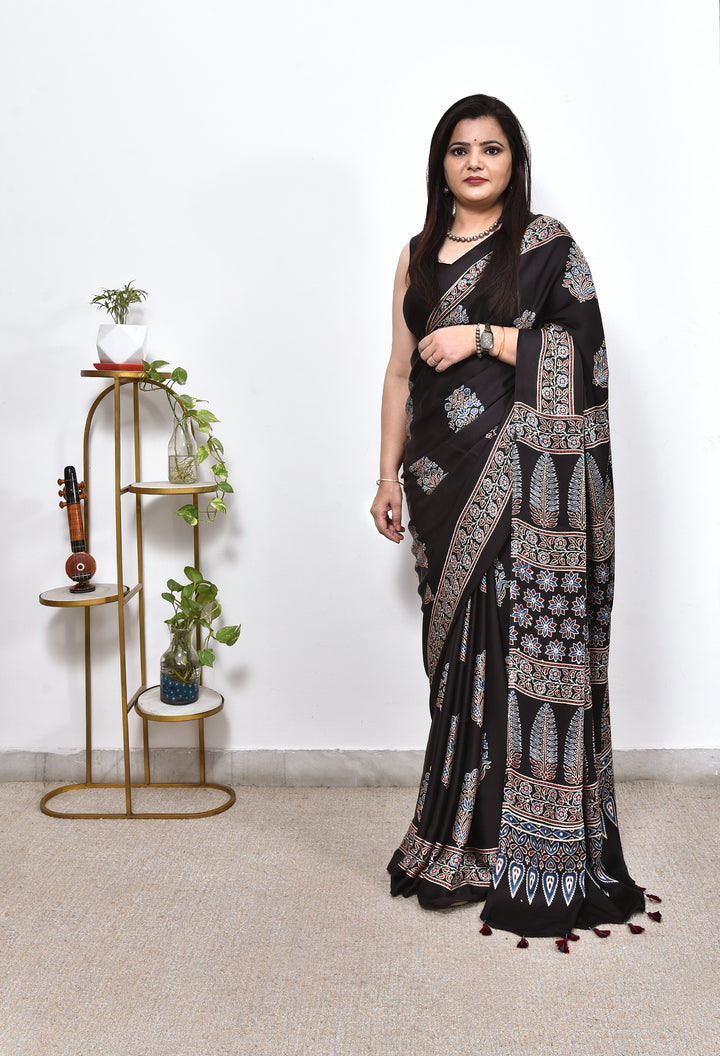 TRIYA : AJRAKH HANDBLOCK MODAL SILK SAREE