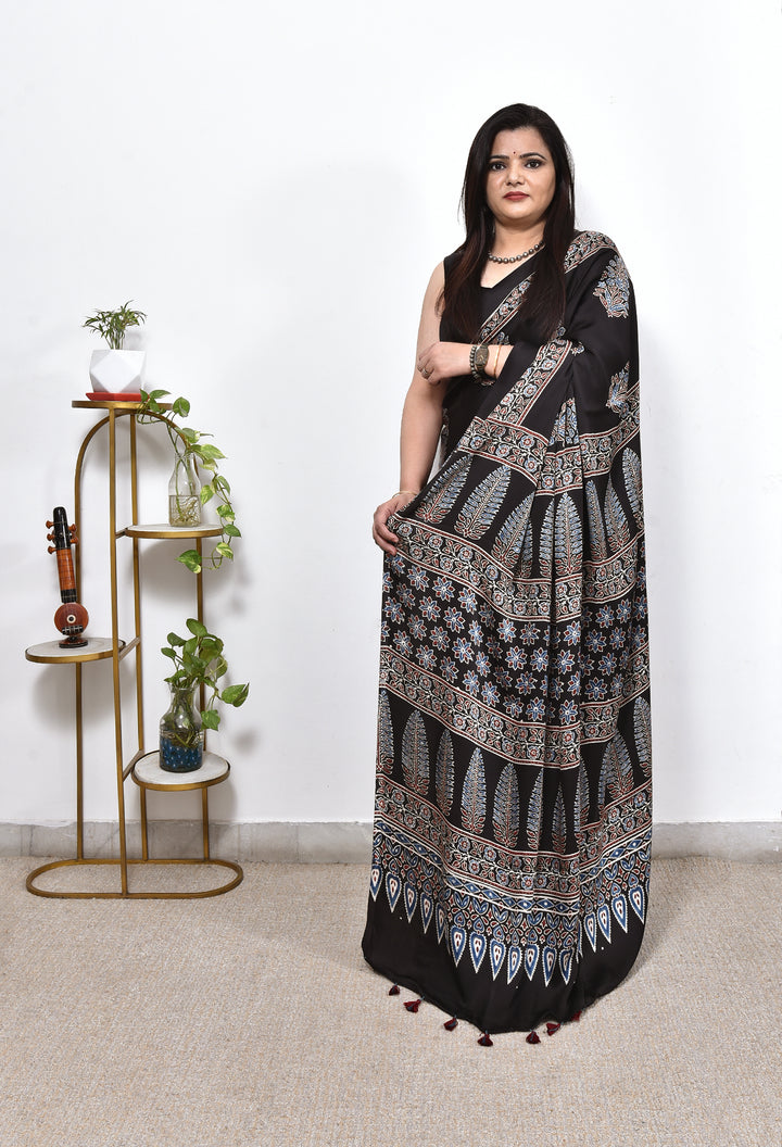 TRIYA : AJRAKH HANDBLOCK MODAL SILK SAREE