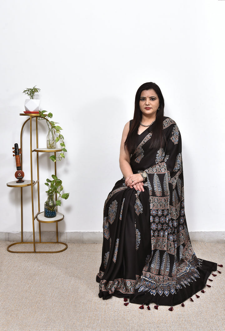 TRIYA : AJRAKH HANDBLOCK MODAL SILK SAREE