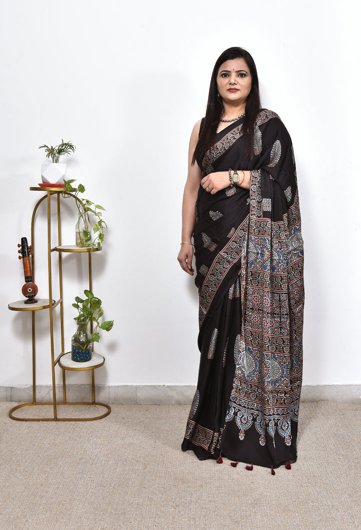 TULIKA : AJRAKH HANDBLOCK MODAL SILK SAREE