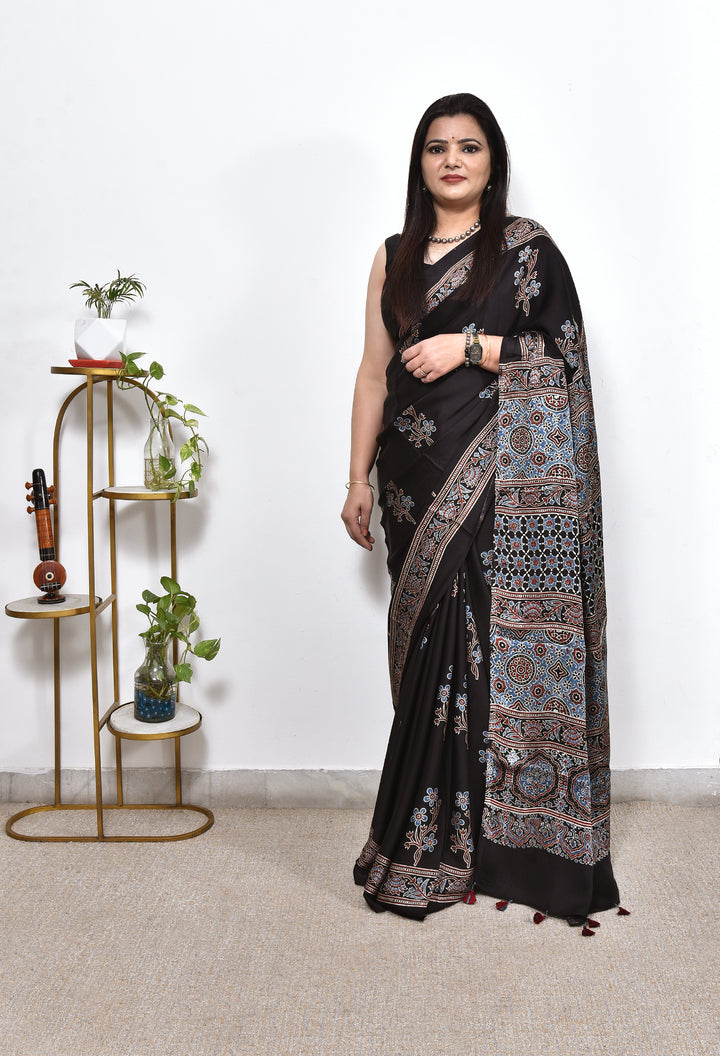 RAKHI : AJRAKH HANDBLOCK MODAL SILK SAREE