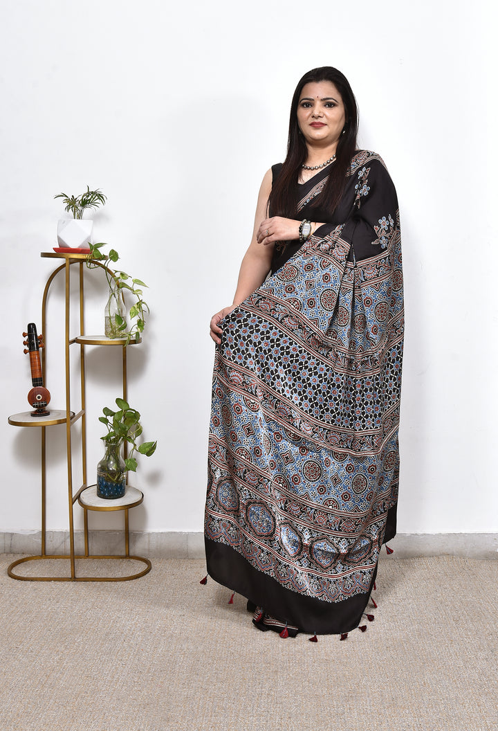 RAKHI : AJRAKH HANDBLOCK MODAL SILK SAREE