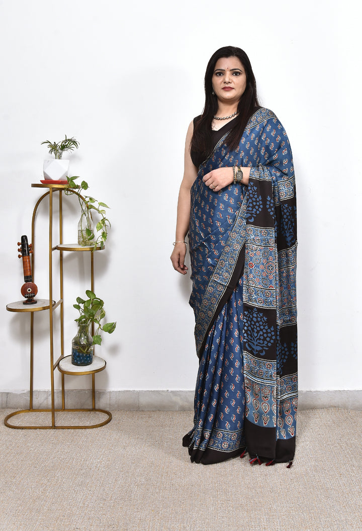 RIVABA : AJRAKH HANDBLOCK MODAL SILK SAREE