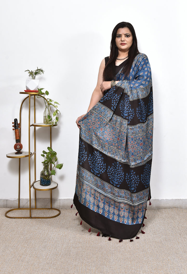 RIVABA : AJRAKH HANDBLOCK MODAL SILK SAREE