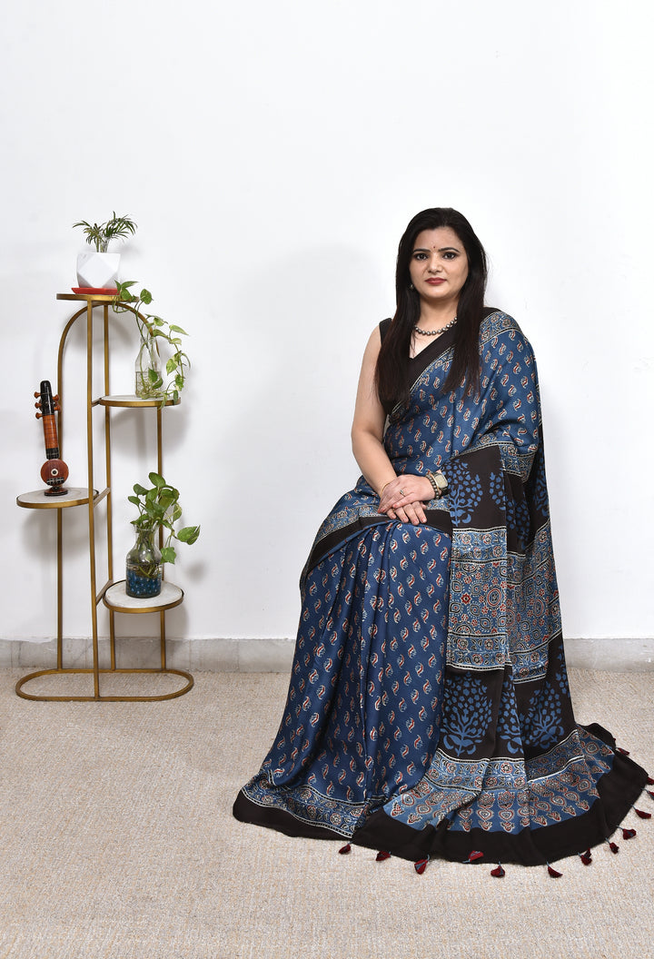 RIVABA : AJRAKH HANDBLOCK MODAL SILK SAREE