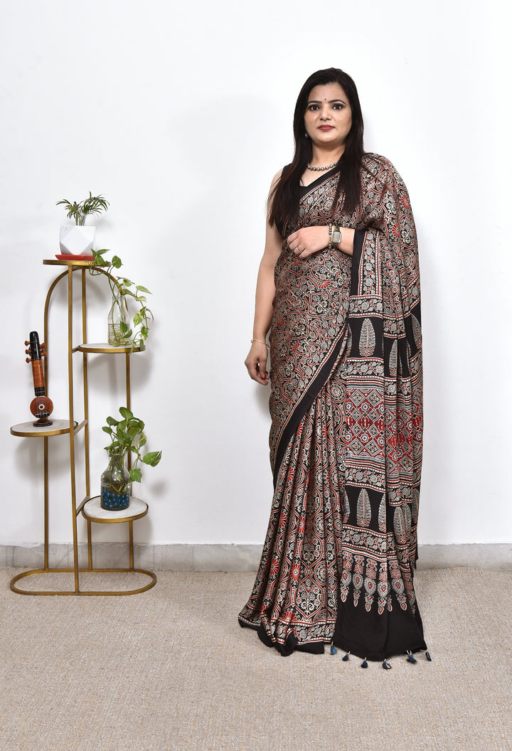 KARMYA : AJRAKH HANDBLOCK MODAL SILK SAREE