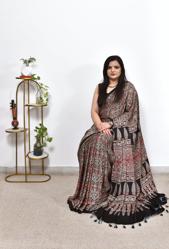 KARMYA : AJRAKH HANDBLOCK MODAL SILK SAREE
