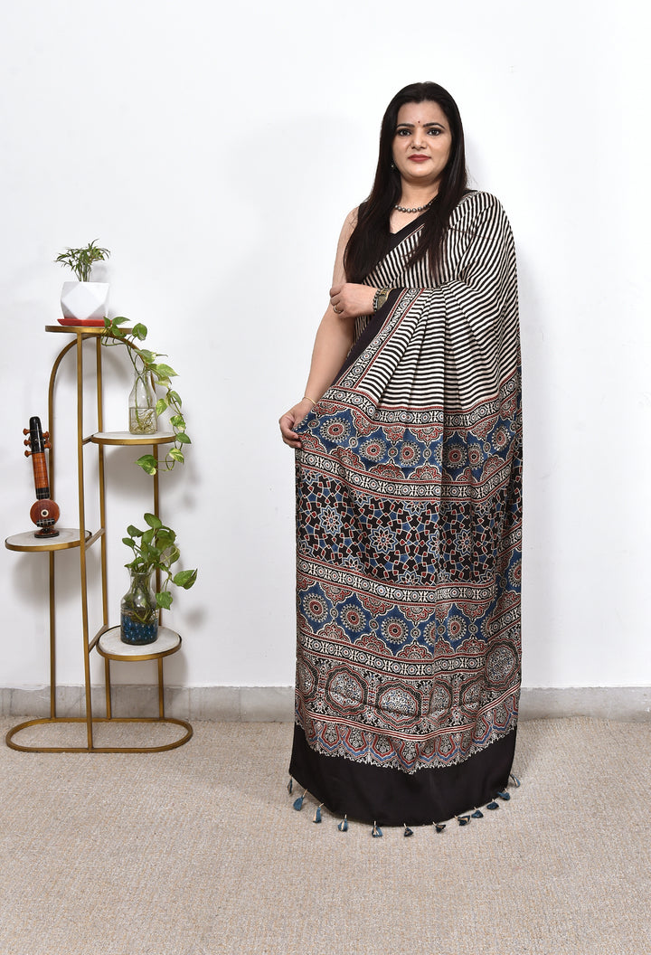 IMLI : AJRAKH HANDBLOCK MODAL SILK SAREE