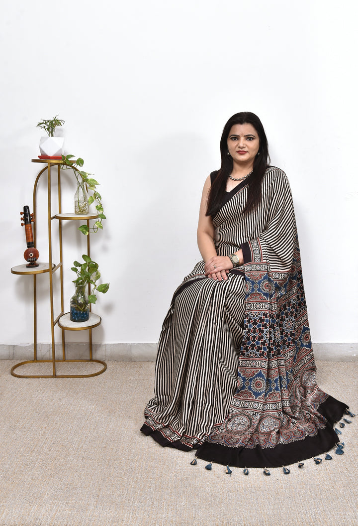 IMLI : AJRAKH HANDBLOCK MODAL SILK SAREE