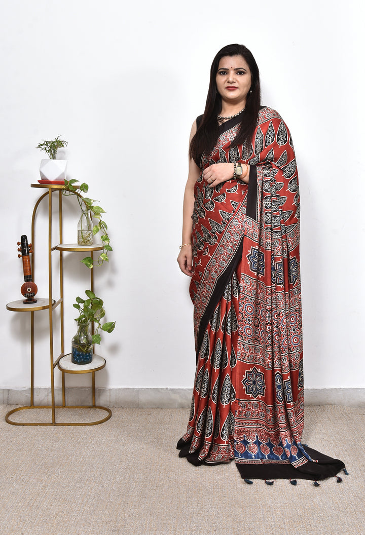GOLMA : AJRAKH HANDBLOCK MODAL SILK SAREE