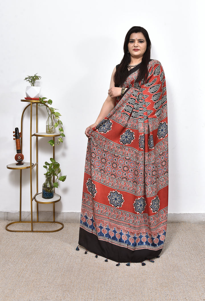 GOLMA : AJRAKH HANDBLOCK MODAL SILK SAREE