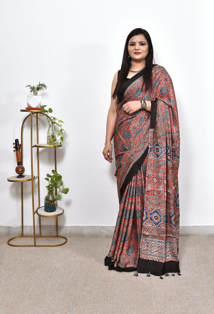 PIYUSHA : AJRAKH HANDBLOCK MODAL SILK SAREE