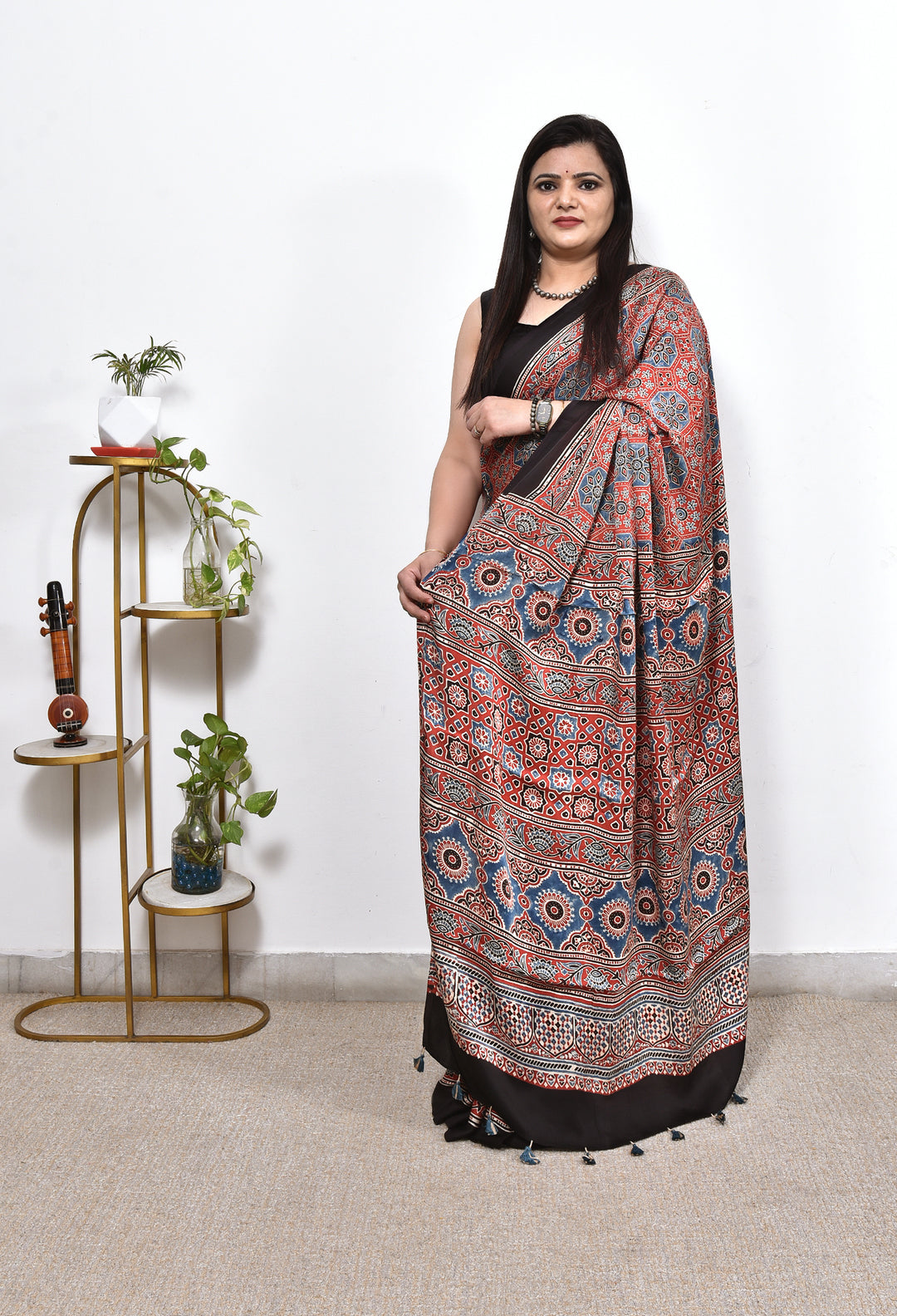 PIYUSHA : AJRAKH HANDBLOCK MODAL SILK SAREE