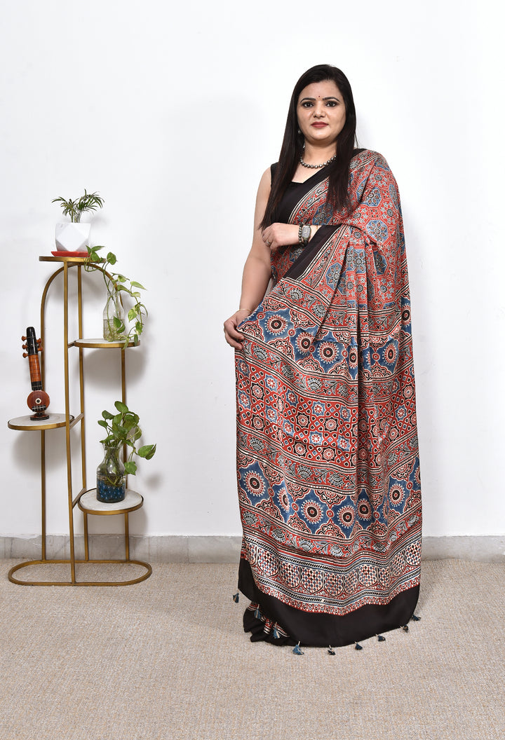 PIYUSHA : AJRAKH HANDBLOCK MODAL SILK SAREE