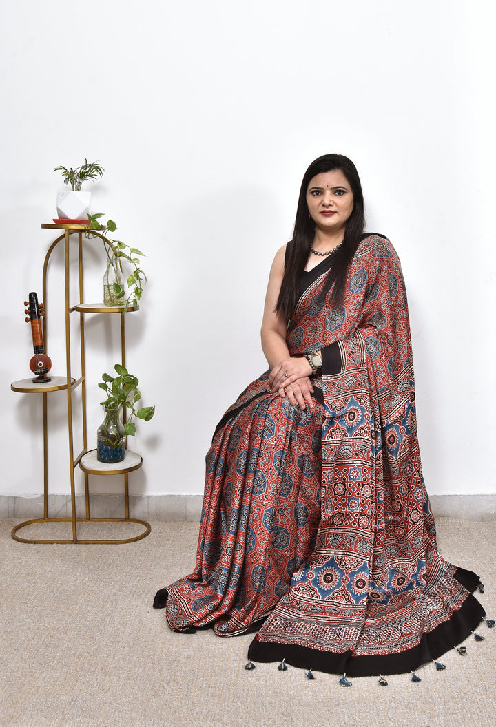 PIYUSHA : AJRAKH HANDBLOCK MODAL SILK SAREE