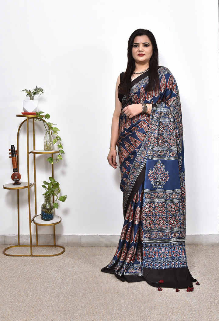 LOBHA : AJRAKH HANDBLOCK MODAL SILK SAREE