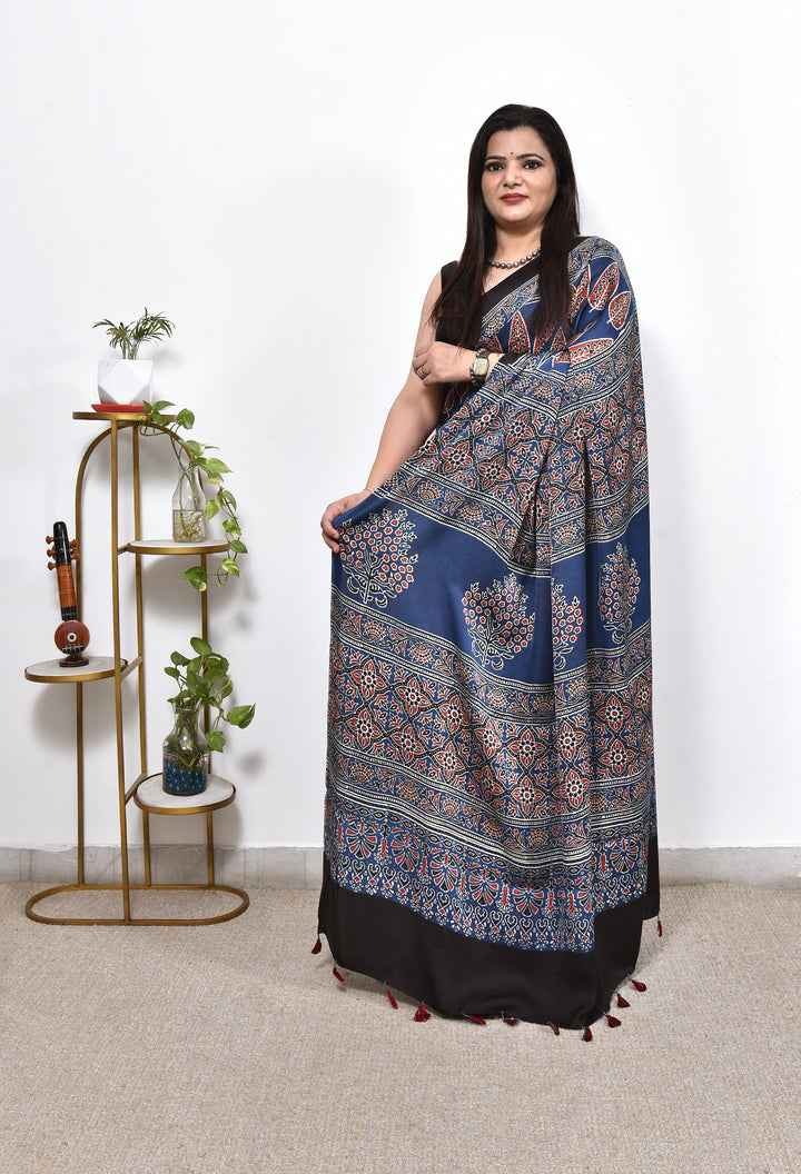 LOBHA : AJRAKH HANDBLOCK MODAL SILK SAREE