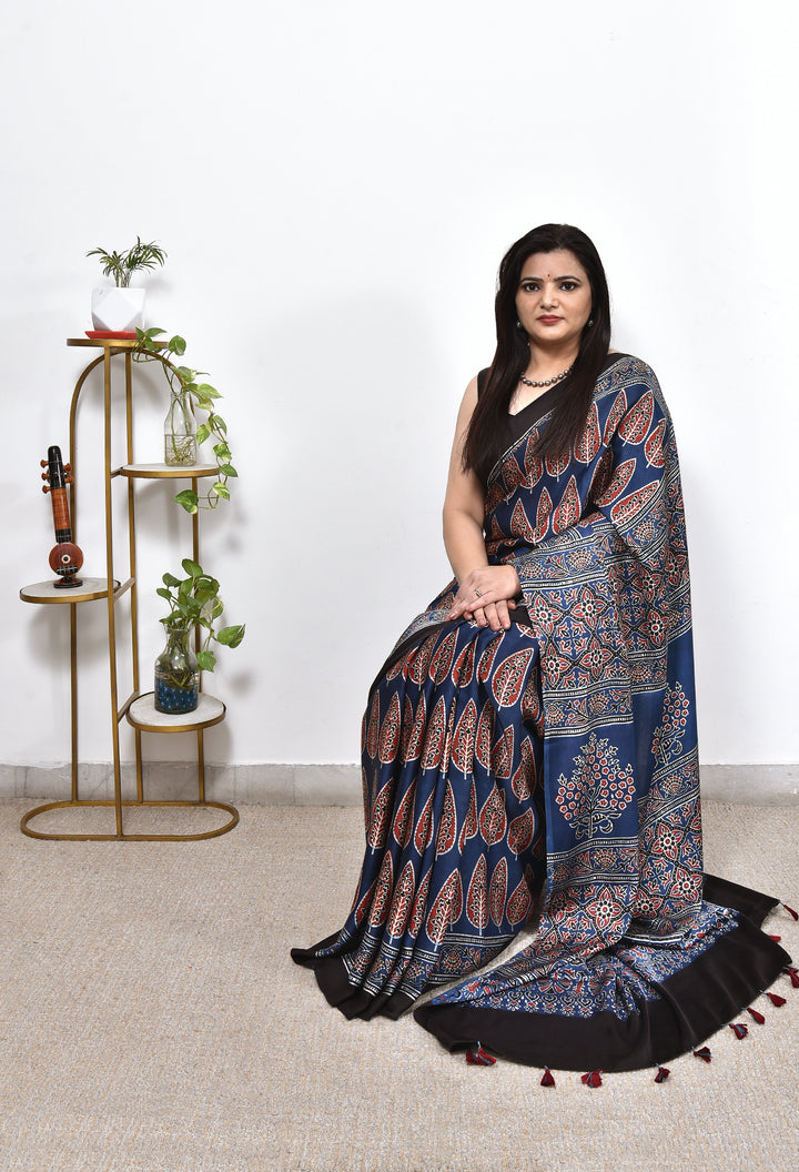 LOBHA : AJRAKH HANDBLOCK MODAL SILK SAREE
